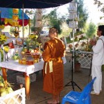 The altar is dressed with the traditional offerings for Wai Kroo to the Buddha, the Devas, and the 108 Lers