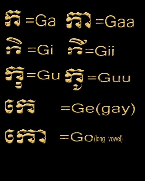 The Khom letter Ga with various Vowels